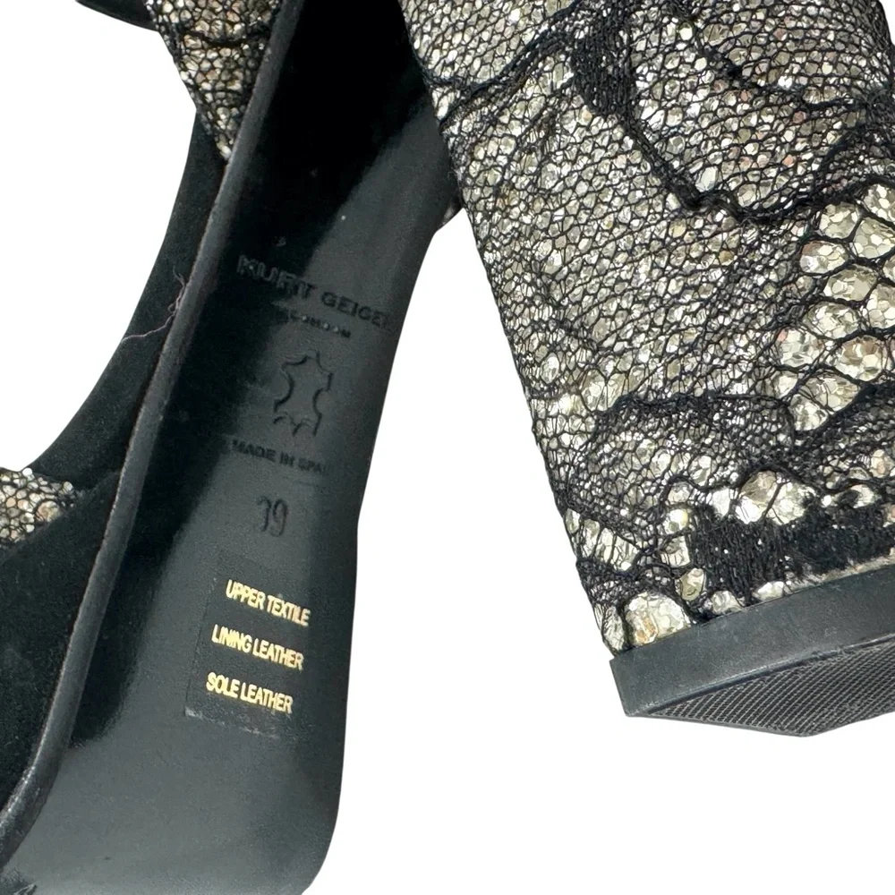 KURT GEIGER BLACK LACE OVER SILVER GLITTER PLATFORM HEELED SANDALS